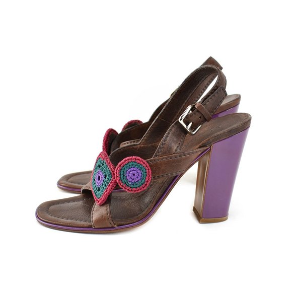 PRADA: Brown, Leather & Patent Color-Block Heels - Picture 2 of 8